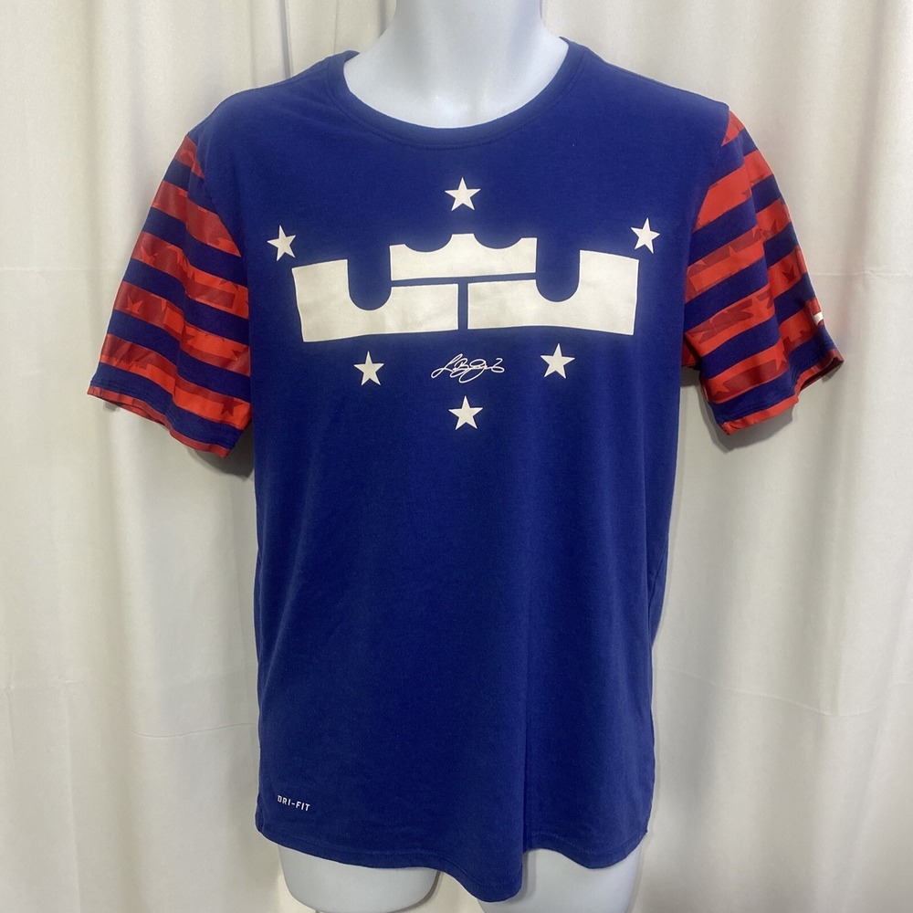 Nike LeBron James Graphic T-Shirt Mens Medium Blue Good Dri-FIT Striped Stars